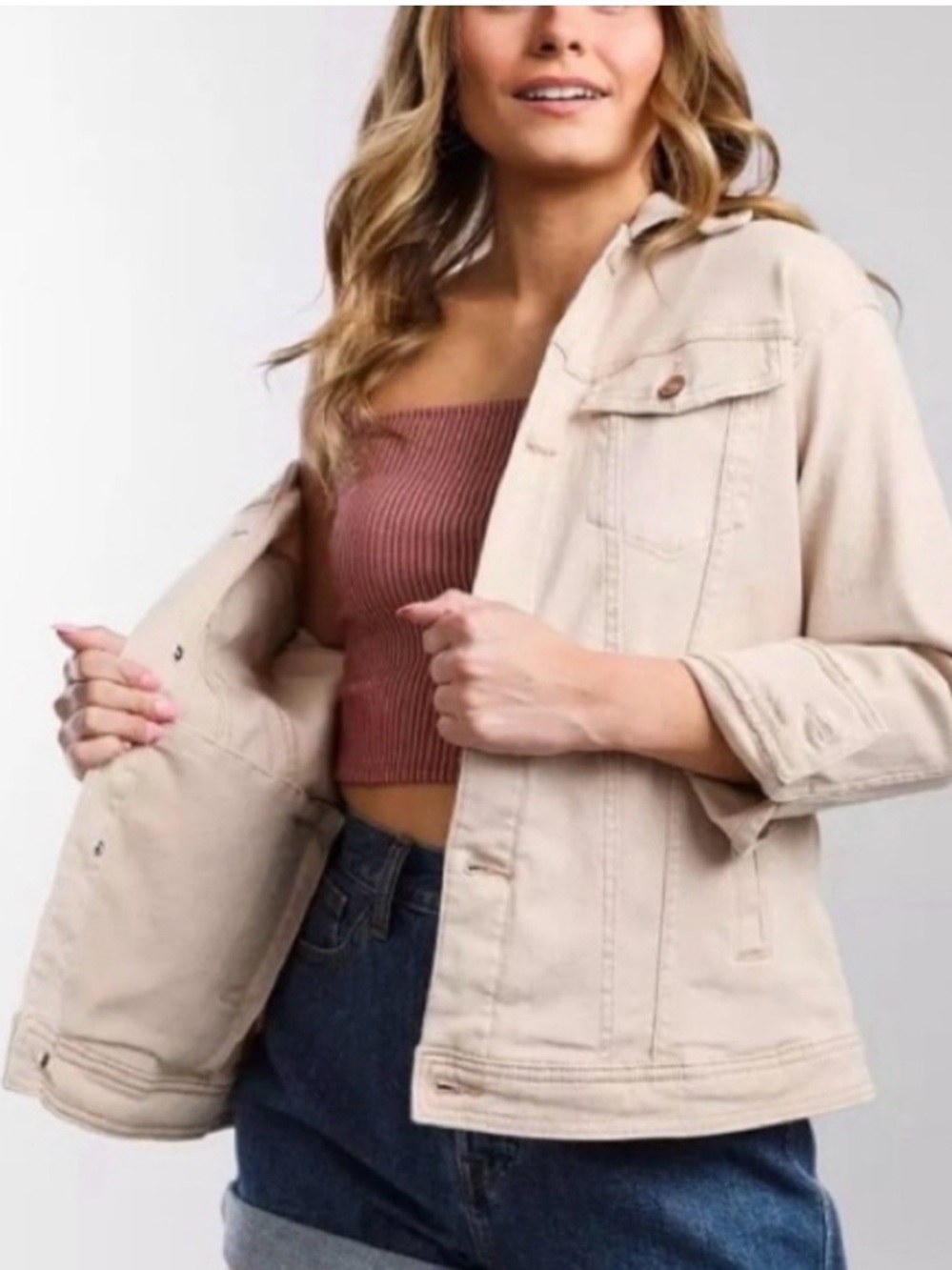 Vigoss women’s  Light Beige Denim Jacket - Casual Utility Style
